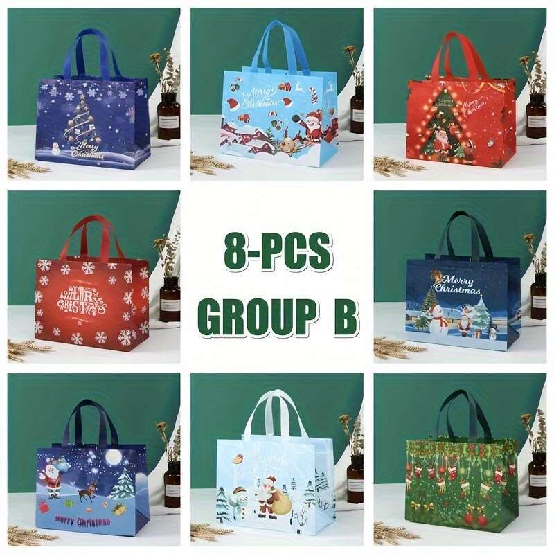 Christmas 8pcs Gift With Handles, Grocery Christmas Treat Bags, Multifunctional Non-Woven Holiday Decoration Bags