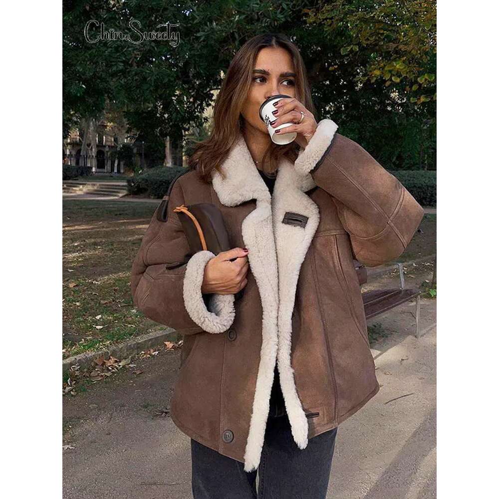 Women Lamb Wool Single Breasted Suede Jacket Elegant Long Sleeves Lapel Thicken Cropped Coat Fashion Ladies Commute Outerwear