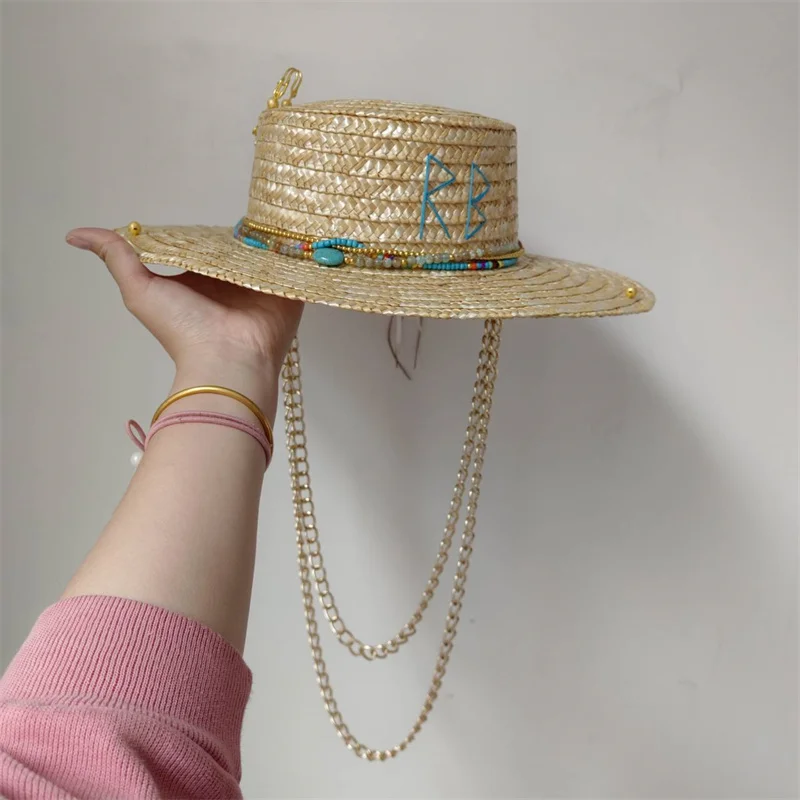 Straw DIY Hat New Punk Style Pearl Chain DIY Jazz Hat Sun Hat New Korean Letter Hat Beach Hat Men's and Women's Punk Hat Sun smile