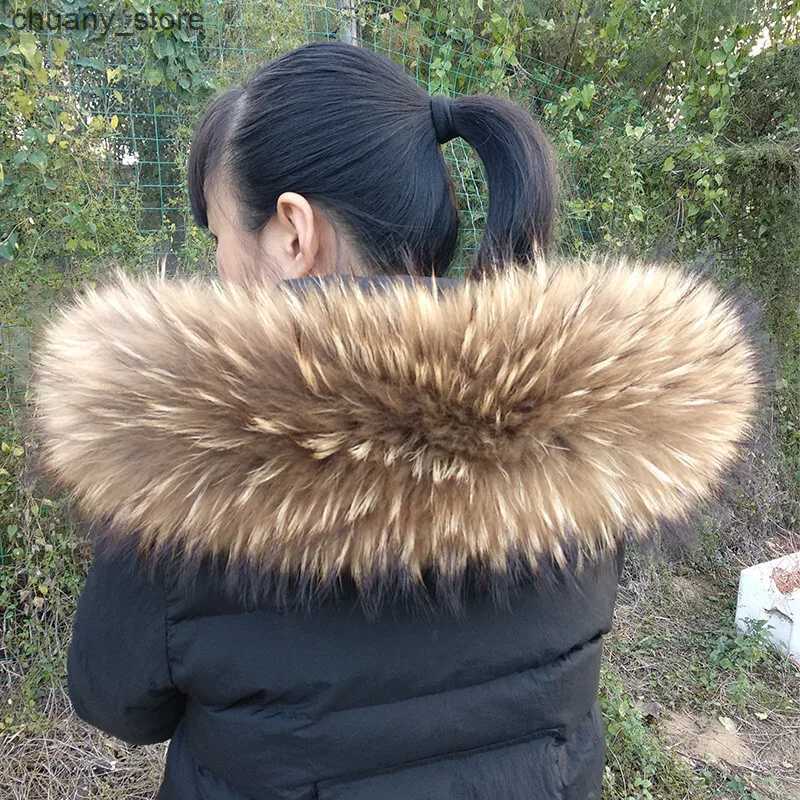 Scarves Winter Real Fur Collar Raccoon Luxery Scarf Furry Neck Warmer Women Men Fluffy Natural Fur Shawl Fur Trim Coat Hood Scarves L240910