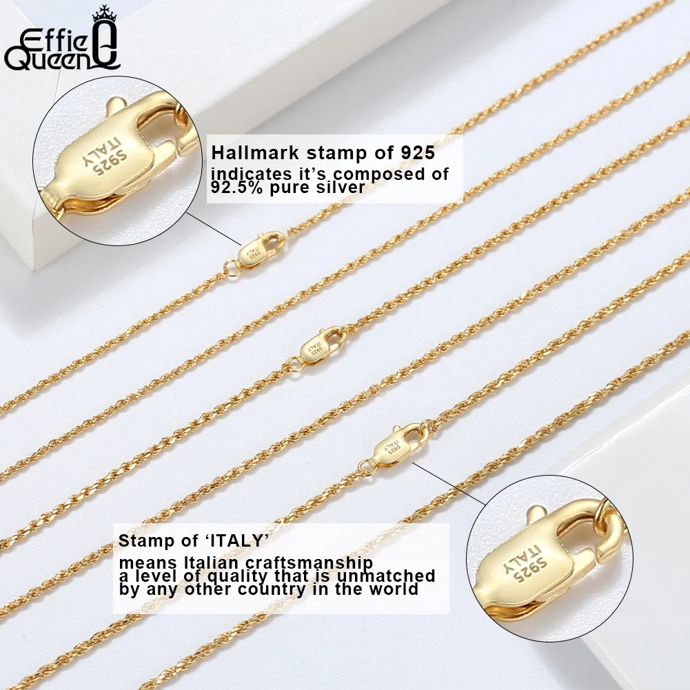 Genuine Effie Queen Sterling Sier Italian Dia-Cut Rope Chain Necklace for Women Men Gold Twist Chain Jewelry SC29 smile