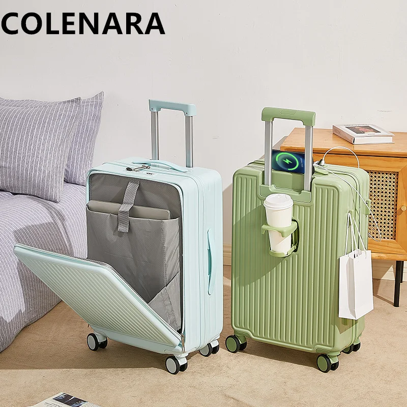 COLENARA 20"22Inch Cabin Suitcase Front Opening USB Charging PC Boarding Case 24"26"28 Inch with Cup Holder Trolley Case Luggage