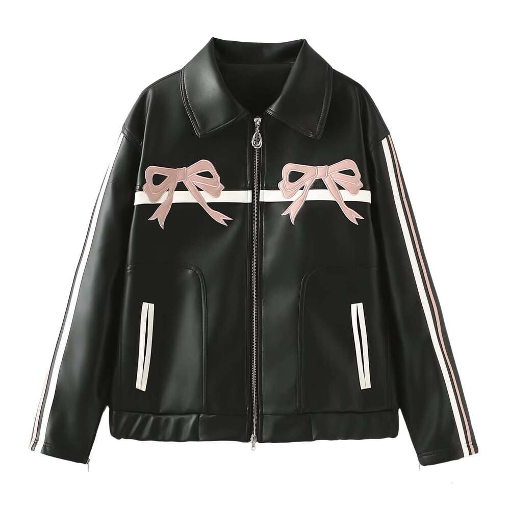 shanshi leather jacket women Spring New Women's Clothing Sweet Cool Bow Black Leather Jacket for Women