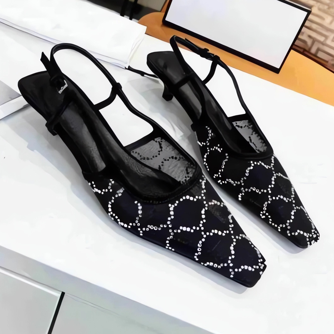 Designer embroidered heels luxury slingback sandals middle-heeled fashion classics dress shoes ladies slip on ribbon sandal