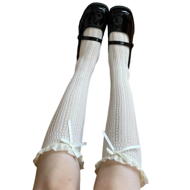 High Women Soft Knee Socks Lovely Lace Ruffle Bowknot Girls Socks For Student ddmysmile Knee Loose Stocking Daily Costume Smile