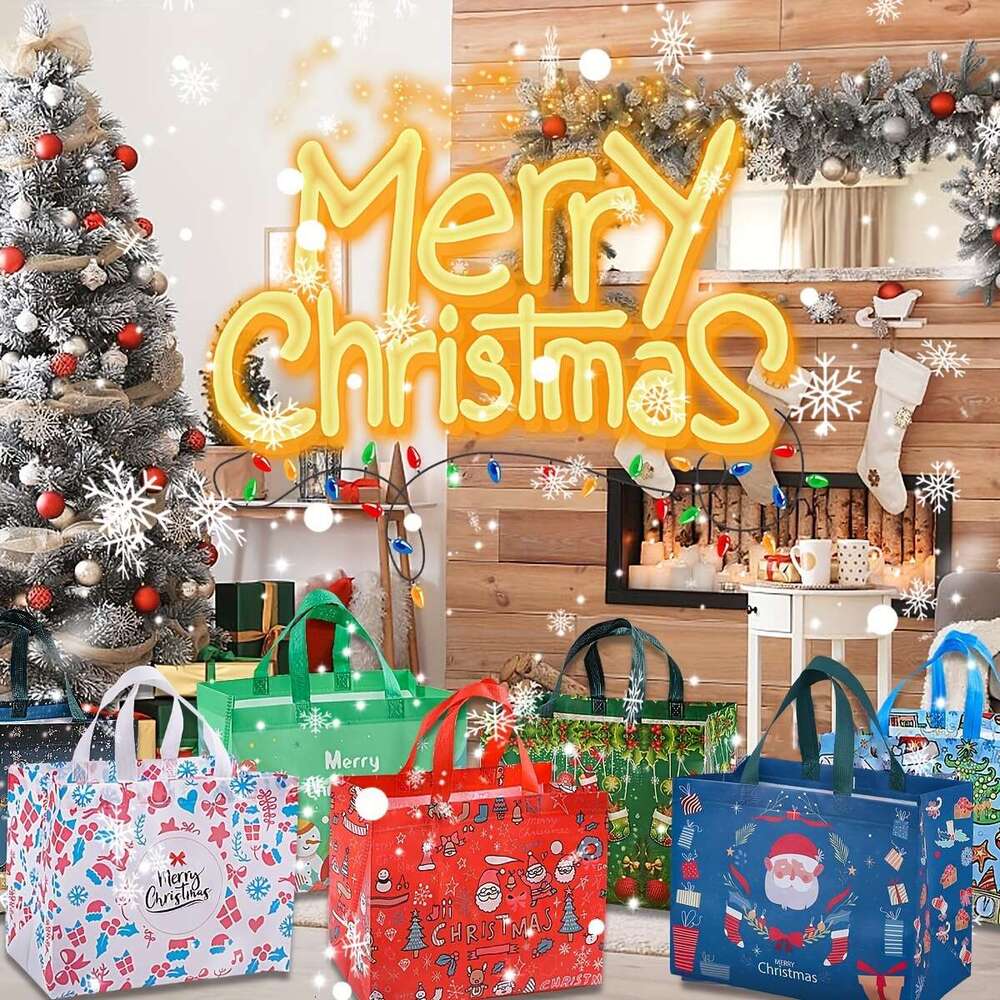 Christmas 8/16pcs Large Gift Tote Bags with Handles, Reusable Non-Woven Shopping Bags, Suitable for New Year, Christmas Decoration Party Supplies