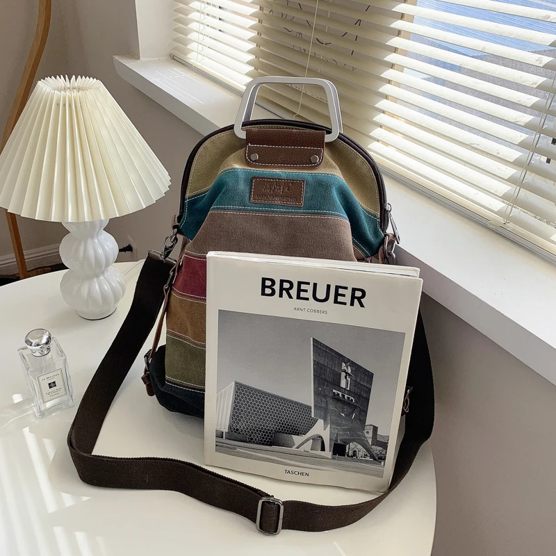 Backpack, Multi-Color Striped Canvas Women's Top Handle Daypack, Functional Shoulder Bag smile Backpack, Daypack,
