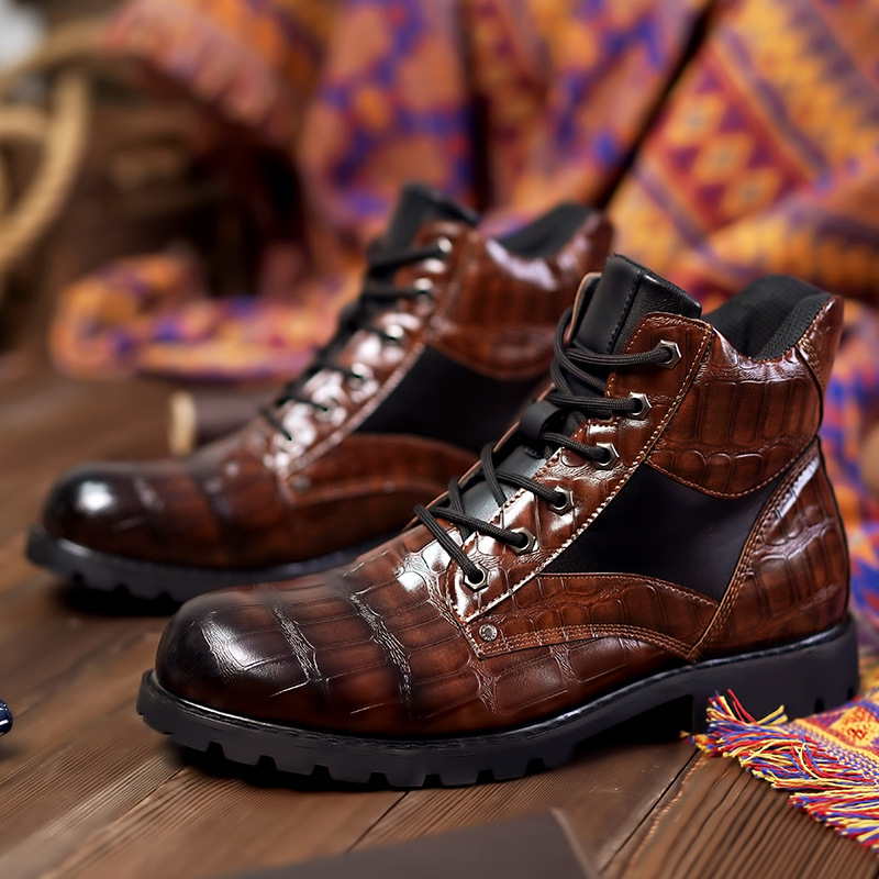 2024 retro imitation crocodile leather shoes, fashionable men's mid top boots, Martin boots