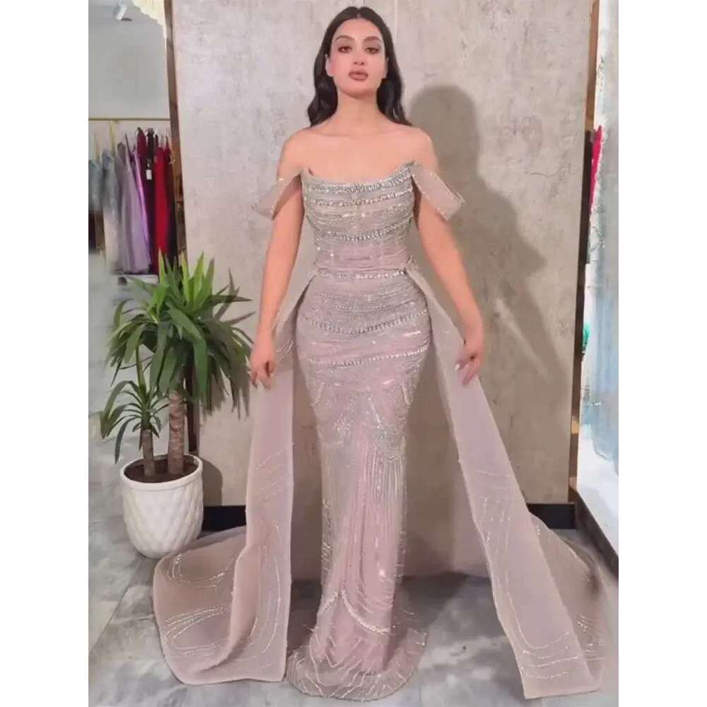Arabic Pink Customized Mermaid Beaded Evening Gown With Detachable Satin Overskirt For Formal Ocn LA mal