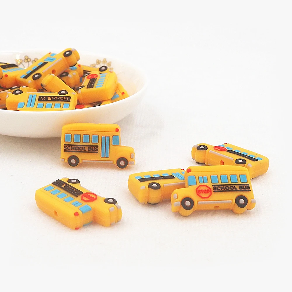 Chenkai 10pcs School Bus Shaped Beads Baby Silicone Teething BPA Free Infant Chewable Dummy Necklace Pacifier Toy Accessories