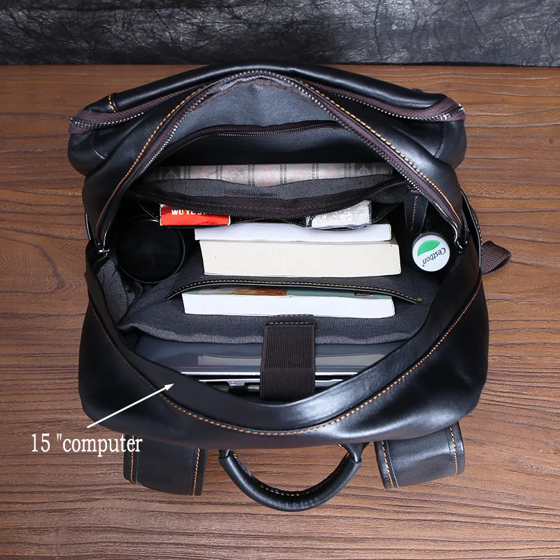 Double Men's Shoulder Leather Baothead Layer Cowhide Backpack Large Capacity Travel Bag Leisure School Bag Simple Computer Bag smile