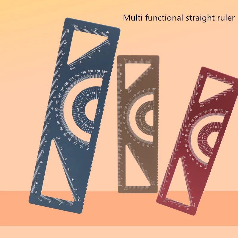 4-in-1 Multi straight functional ruler Aluminum alloy material Draw a triangle Wave lines Protractor smile