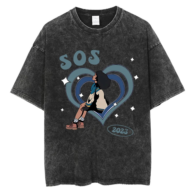 SZA SOS Print Tshirt Cute Cartoon Heartshaped Graphic Quality Cotton Vintage Oversized Short Sleeve Tees 240409