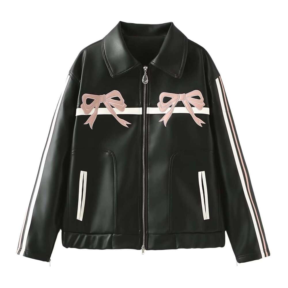 shanshi leather jacket women Spring New Women's Clothing Sweet Cool Bow Black Leather Jacket for Women