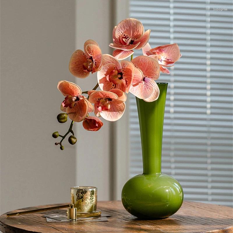 Vases Retro Green Vase Long Neck Glass Ornaments Livingroom Flower Arranging Container French Art Crafts Home Decor Gift L250920