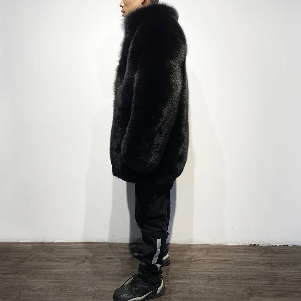 YOLOAgain Full Pelt Stand up Black Fox Fur Jakcet Mens Winter Warm Coat 241108