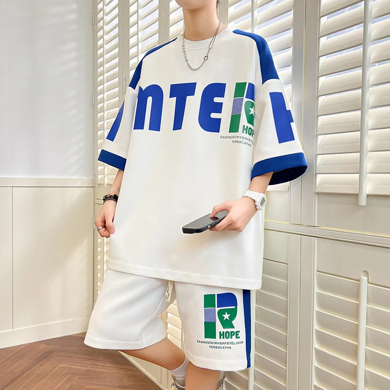 Summer Tracksuits Short Sleeve TShirtShorts Loose Two Piece Mens Sets Sportswear Top Tee KneeLength Pant Youth Clothing 240409