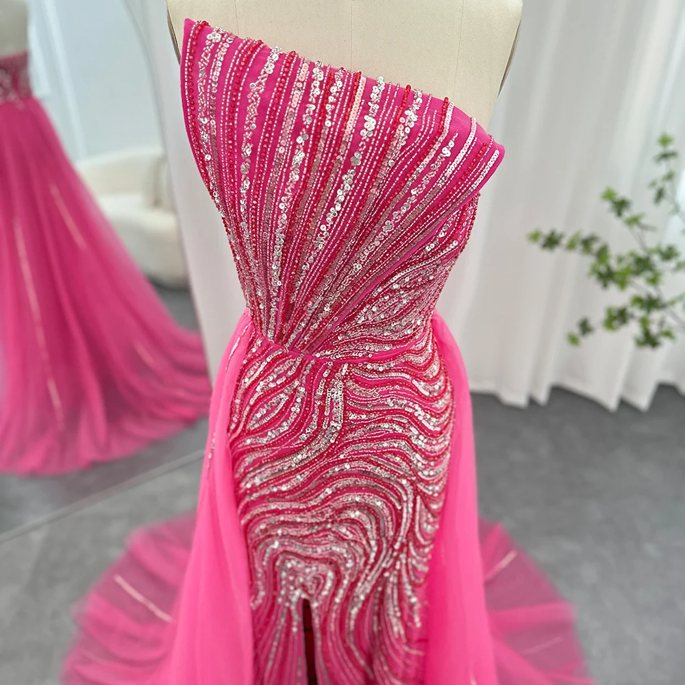 Sharon Said Luxury Dubai Fuchsia Evening Dress With Overskirt Scalloped High Slit Arabic Gown for Women