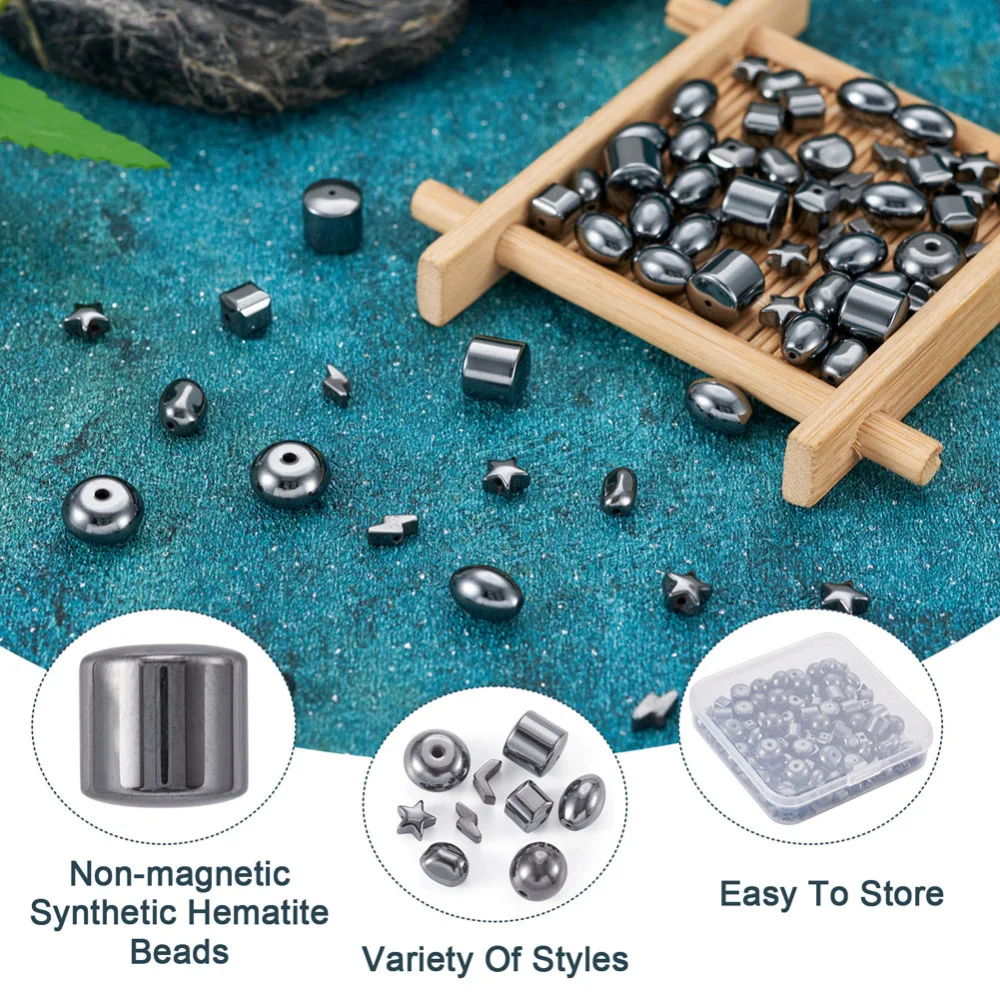 135Pcs Black Non-magnetic Synthetic Hematite Beads Star Nuggets Oval Round Loose Spacer Beads for Bracelet Jewelry DIY Making