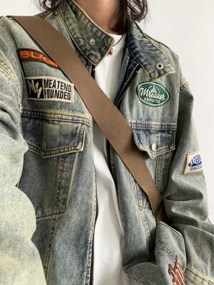 Retro Set Hop Hip Men Women High Street Embroidered Denim Jackets+Autumn Wide-leg Loose Cargo Pants Distressed Casual Two-piece smile Jackets+Autumn