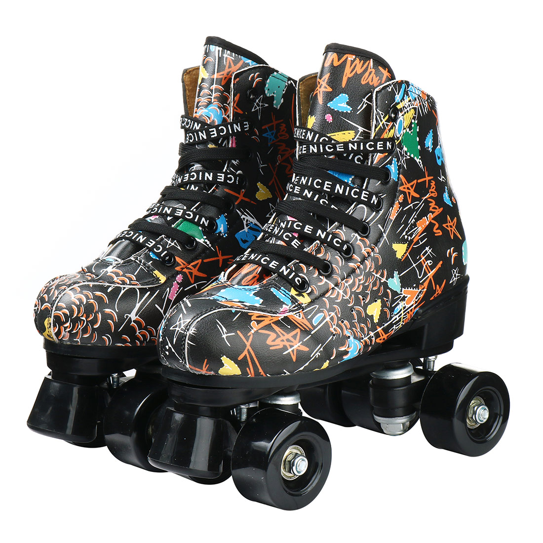 Women Gril Quad Graffiti 2025 Leather Figure Roller Skates Double new Line Skates Adult 2 Line Skating Shoes White 4 Wheels Flash