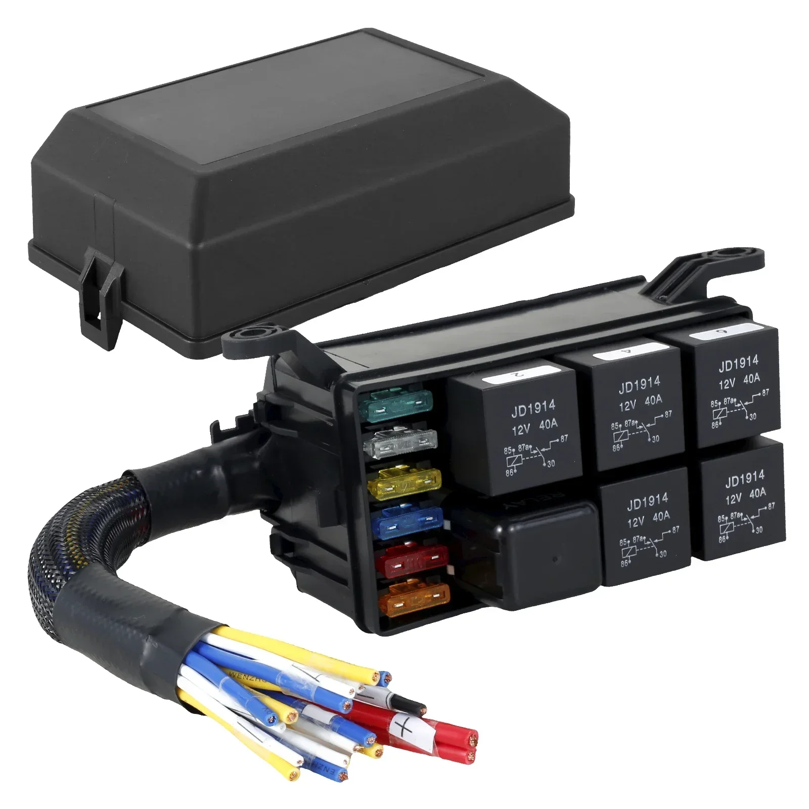 Fuse Relay Box 12V 6Way Dust-Proof Relay Block Kit with Pre-Wires 5Pin 4 Pin 40A ATC/ATO Fuses Universal Car Truck Fuse Box