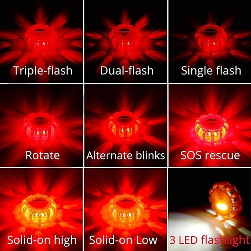 Pack Road 3 LED Flares Emergency Lights USB Rechargeable Roadside Warning Safety Disc Magnetic Base Flashing Flare Kit for Car smile