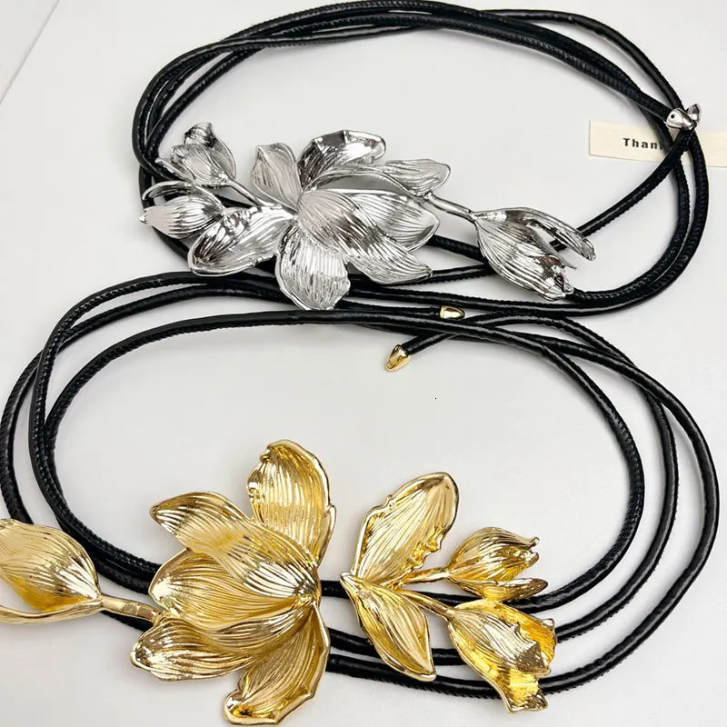 Womens retro little perfume style gold tulip flower chain with decoration black leather rope thin waist chain 241108 - view 4