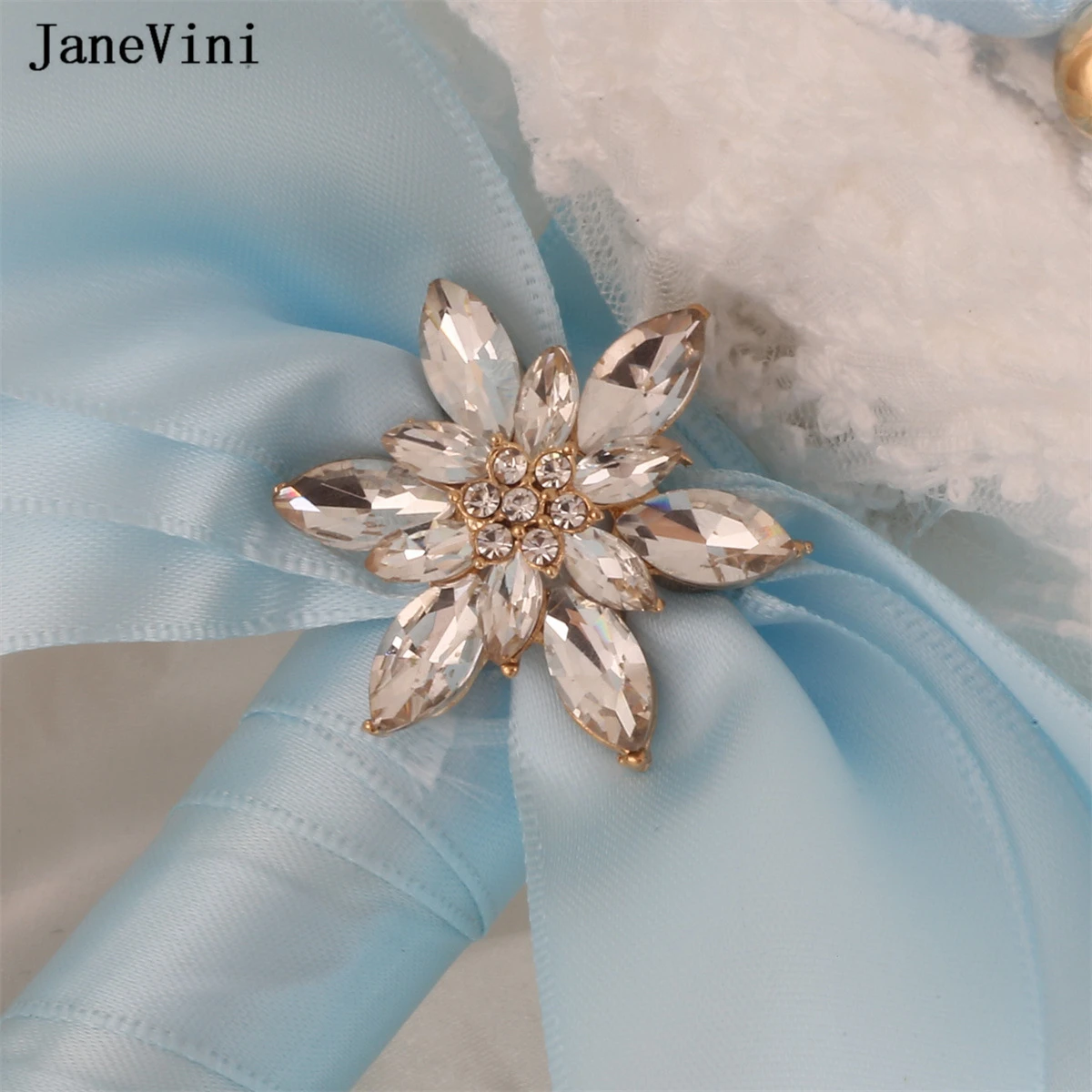 2023 Elegant Light Janevini Blue Flowers Bridal Bouquets God Crystal Beaded Artificial Satin Roses ddmysmile Brides Wedding Bouquet Smile