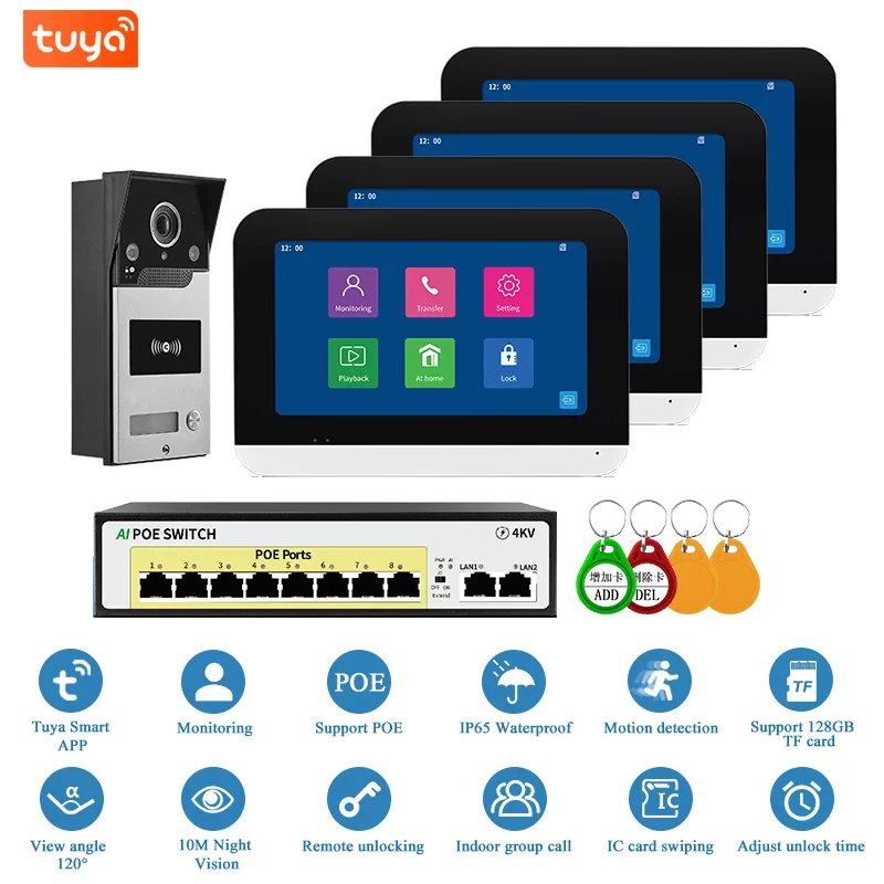 SmartYIBA 7 Inch HD IP Video Doorbell WIFI Monitor With POE Switch Tuya Visual Interphone APP/RFID Unlock WIFI Video Door Phone
