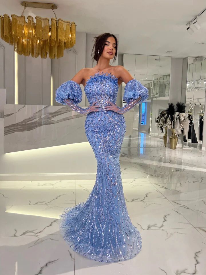 Fabulous crystal Mermaid Evening Dresses elegant puffy sleeves Beaded Prom dress rhies or length formal dresses for women