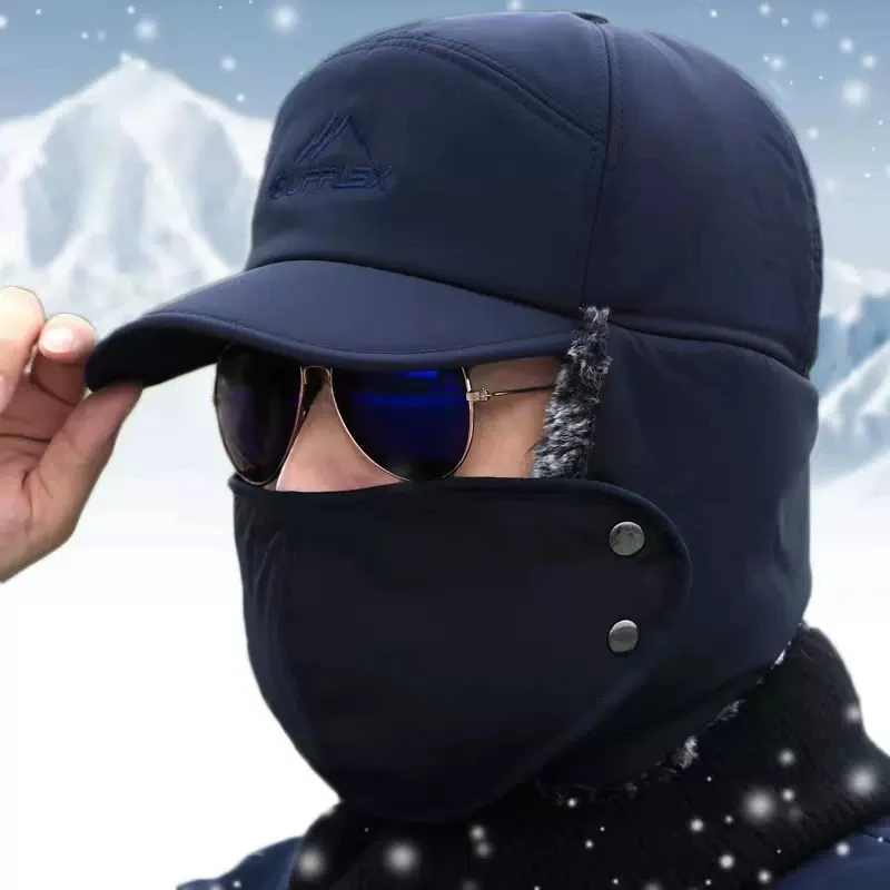 Warm Hat Winter Men With Mask Thicken Faux Fur Bomber Hat ddmysmile Ear Flap Cap Dad Thermal Bonnets Hats Outdoor Fishing Skiing Cap Hats Smile