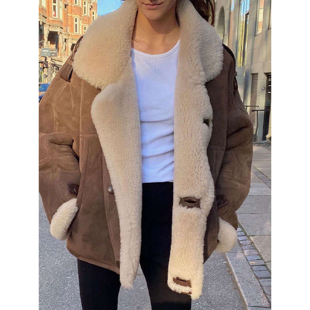 Women Lamb Wool Single Breasted Suede Jacket Elegant Long Sleeves Lapel Thicken Cropped Coat Fashion Ladies Commute Outerwear