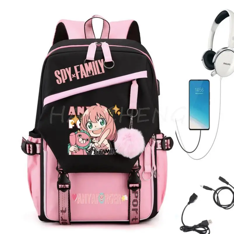 Backpack Family SPY X USB Charge ddmysmile Pink Travel Canvas Student Backpack Anya Forger Schoolbags For Teens Boys&Girls Mochilas Smile