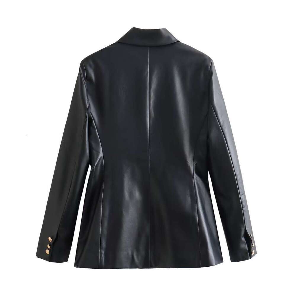 shanshi leather jacket women Autumn new women's versatile metal double breasted pocket long sleeved PU leather slim fit suit jacket