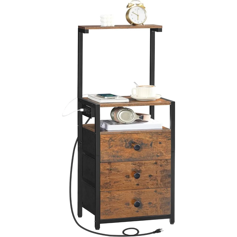 Nightstand with Charging Station,Bedside Table Fabric Drawers,End Table Open Storage Shelves,Night Stand Rustic Brown and Black