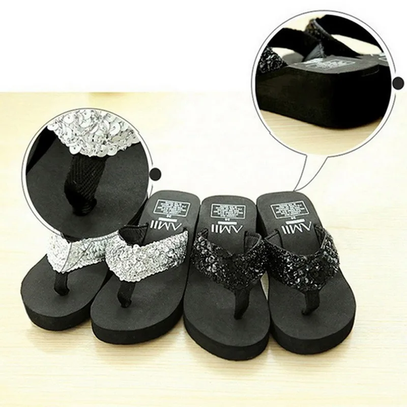 Women Summer Sandals Sequins Beach Female Flip Flops Women's Slippers High Heel Shoes For Women 2023 Platform Wedge Slippers 's smile '