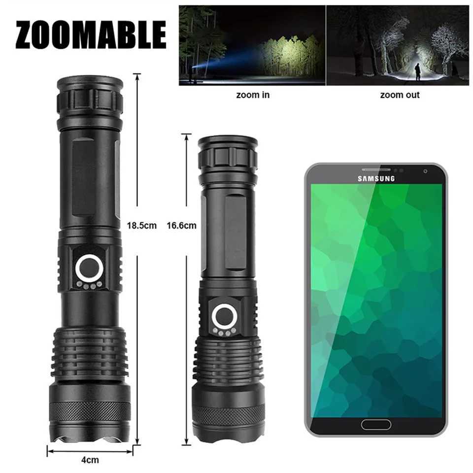 Flashlight xhp70 is the most powerful LED charging light with USB Zoom 18650 battery and 26650 torch for optimal camping outdoor and emergency use X24