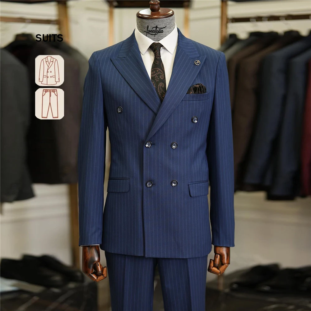 Classic Groom Wedding Suits Fit Slim Double Breasted Men's Blazer Pants 2 Pieces Sets Navy Stripes Man Custom Tuxedos Elegant