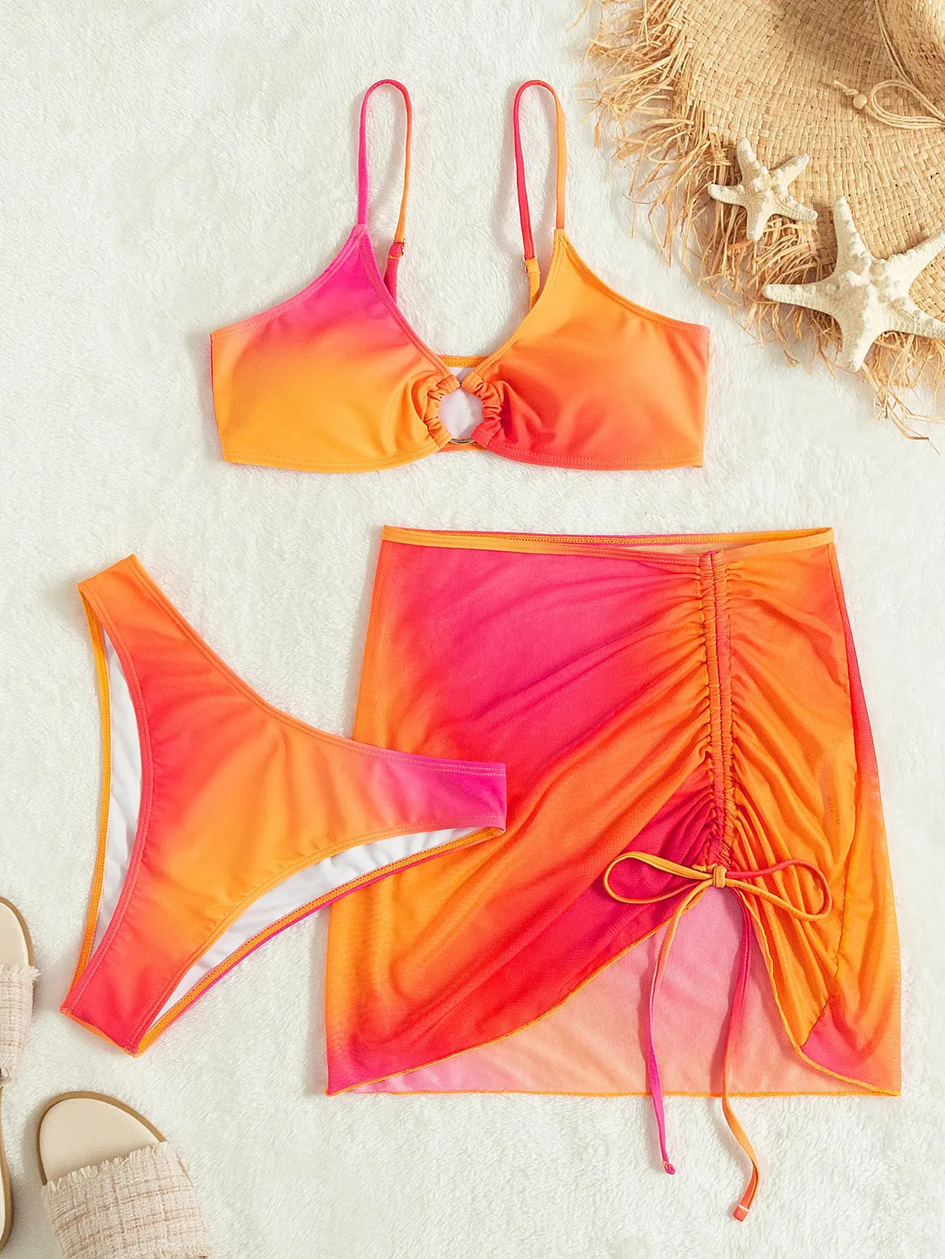 3 Pieces 2025 Ring Linked Bikinis Beach Skirt Swimsuit Women Sexy Swimwear Female Bathers Bathing Swimming Swim Suit Beachwear 240327