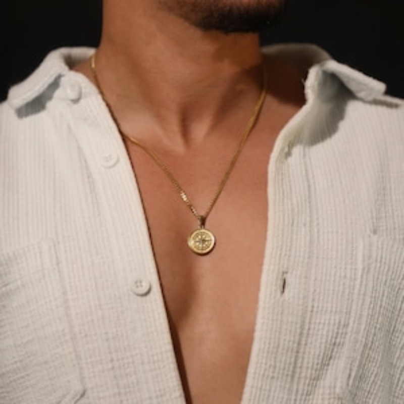 18k Gold Compass Pendant North Star Mens Compass Layered Set Gold Rope Chain Waterproof Necklace For Men Stainless Steel Gift For Boyfriend
