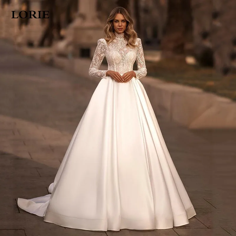 Long LORIE Sleeve Mulslim Wedding Dresses A Line High Neck Lace Bridal Gown Elegant Floor Length Wedding Bride Dresses 2023 smile