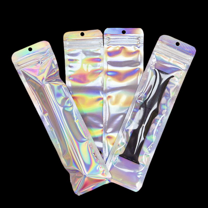 100pc Holographic Mylar Pouch Clear Window Long Laser Foil Pen Bag Retail Packaging Ziplock Makeup Brush Bags For Small Business