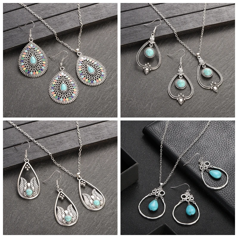 Ethnic Sier Color Classic Water Drop Jewelry Sets Ladies Bohemia Colorful Flowers Pendant Necklace Earring Woman Jewelry Gift smile