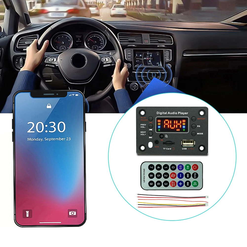 Car Audio USB TF AUX FM Radio Module MP3 Music Player Speaker DC 7V-12V Bluetooth 5.0 MP3 WMA Decoder Board with Remote Control