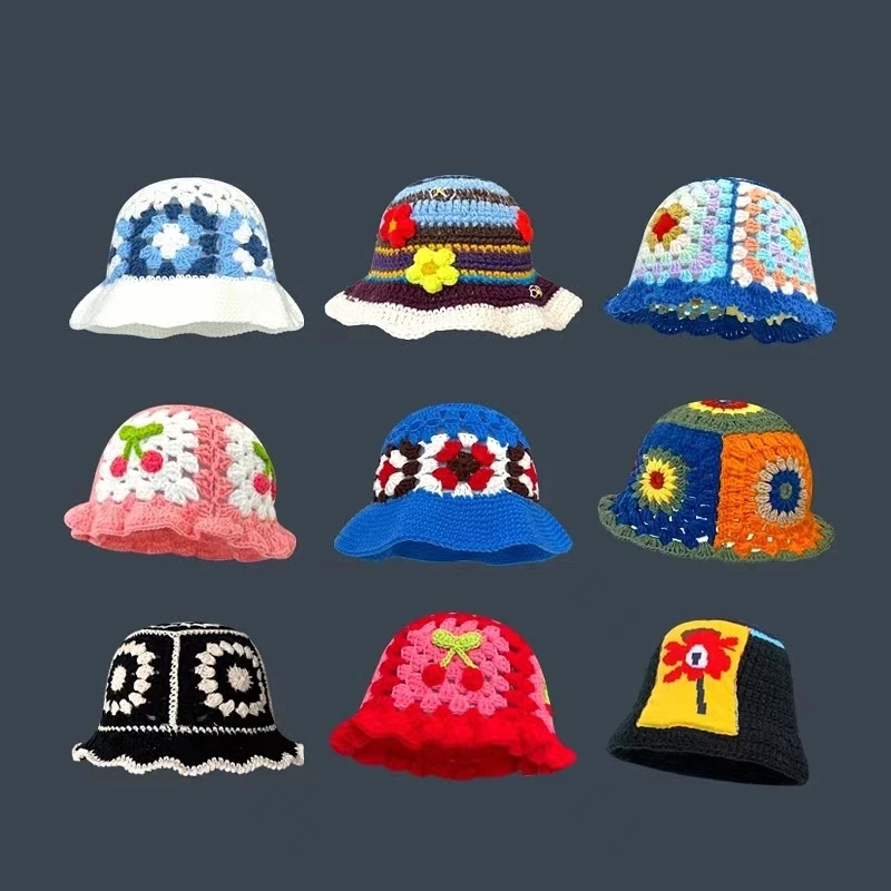 Hand 2022 New Korean-Japanese Buckle Crochet Bucket Hat Spring and Autumn Winter Sun Hat Female Cherry Designer Bob Basin Hat smile