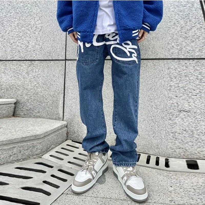 Jeans for Men Y2k Cargo Pants Black Denim Skinny Streetwear Wide Leg Clothes Ropa Rare Humans Jeans Print Pants Low Rise Baggy
