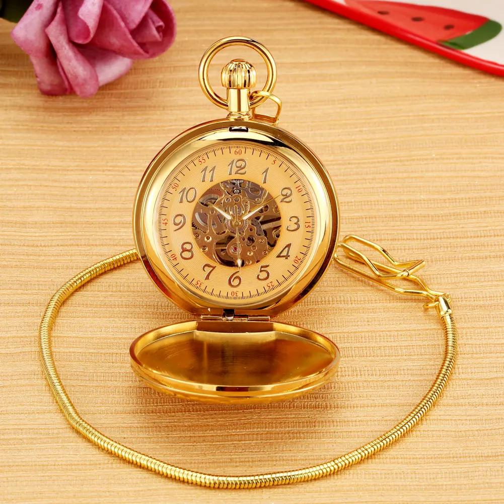 Sides Cover Double Open Gold Copper Automatic Mechanical Men's Pocket Watch Fighter Design Fob Chain Antique Clock Male Gift Box smile