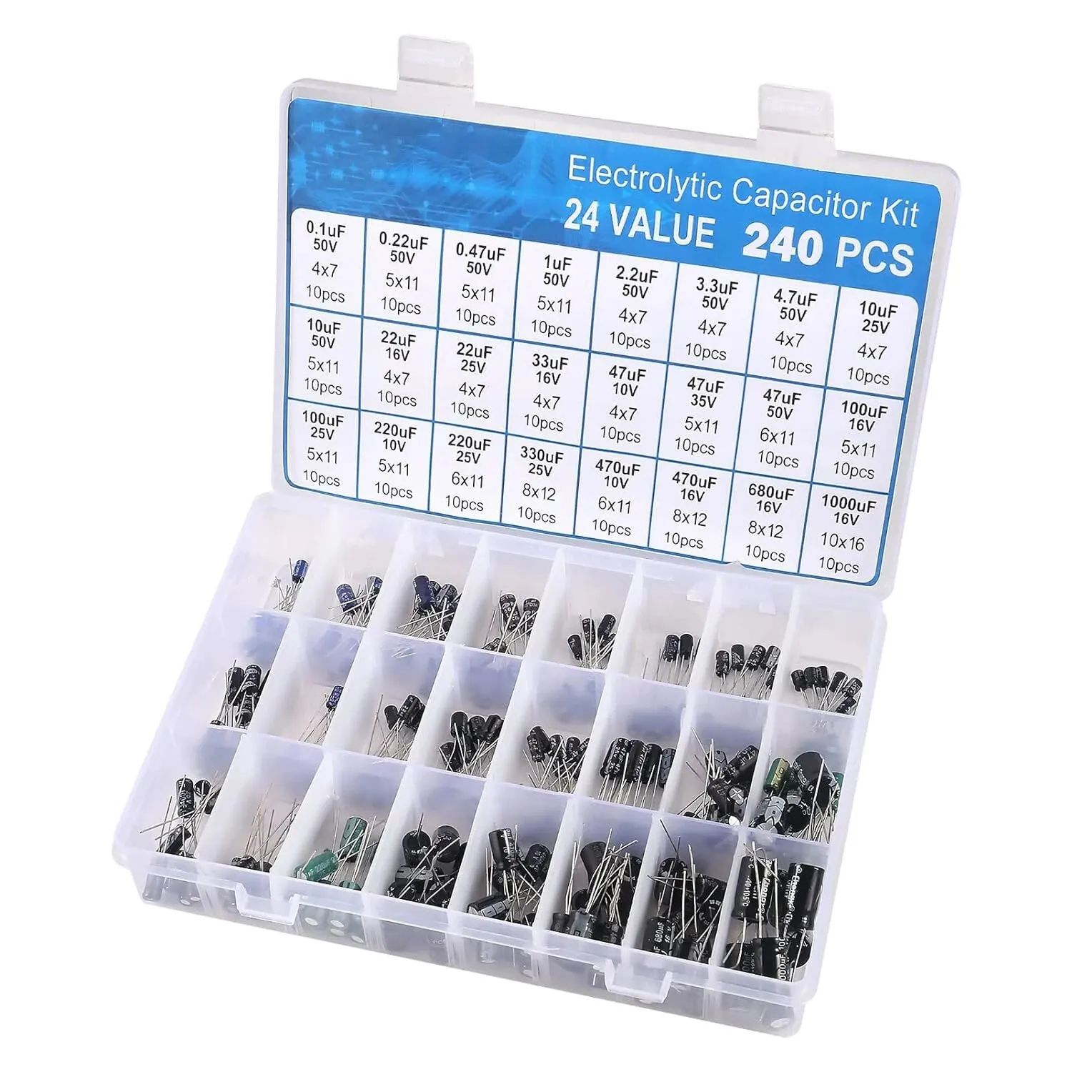 240pcs Aluminum Electrolytic Capacitor Electrolytic Capacitors Kit 24Value Range 0.1uF-1000uF Capacitors Assortment Kit