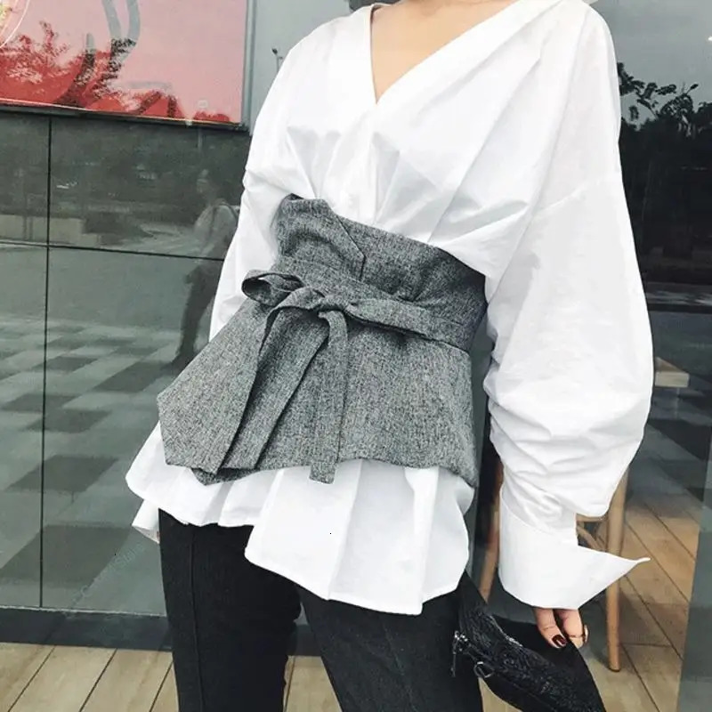 Fashion Corset Belt For Women Solid Drawstring Grey Korea Cummerbunds Irregular Casual Wid Female 240326